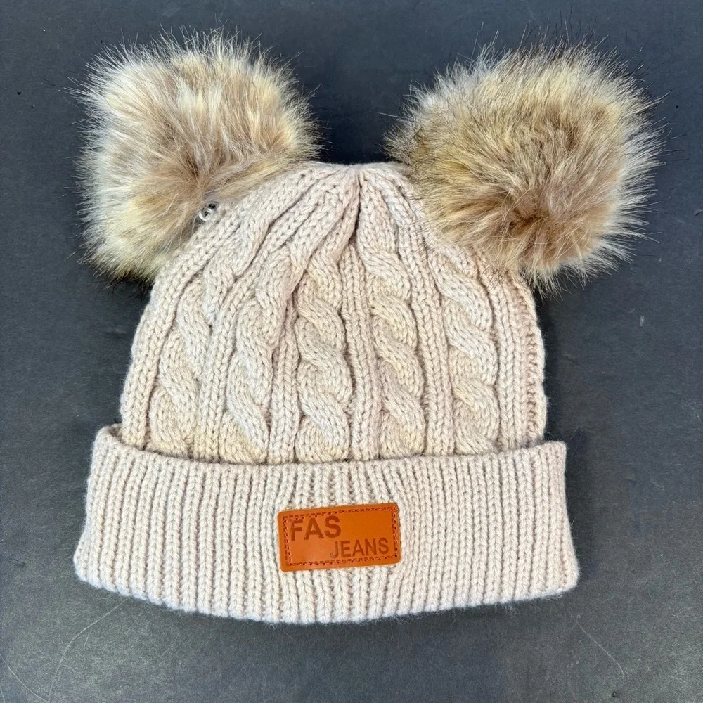 Fas Jeans Kids Cream Knit Outdoor Cozy Beanie Hat with Faux Fur Pom Poms